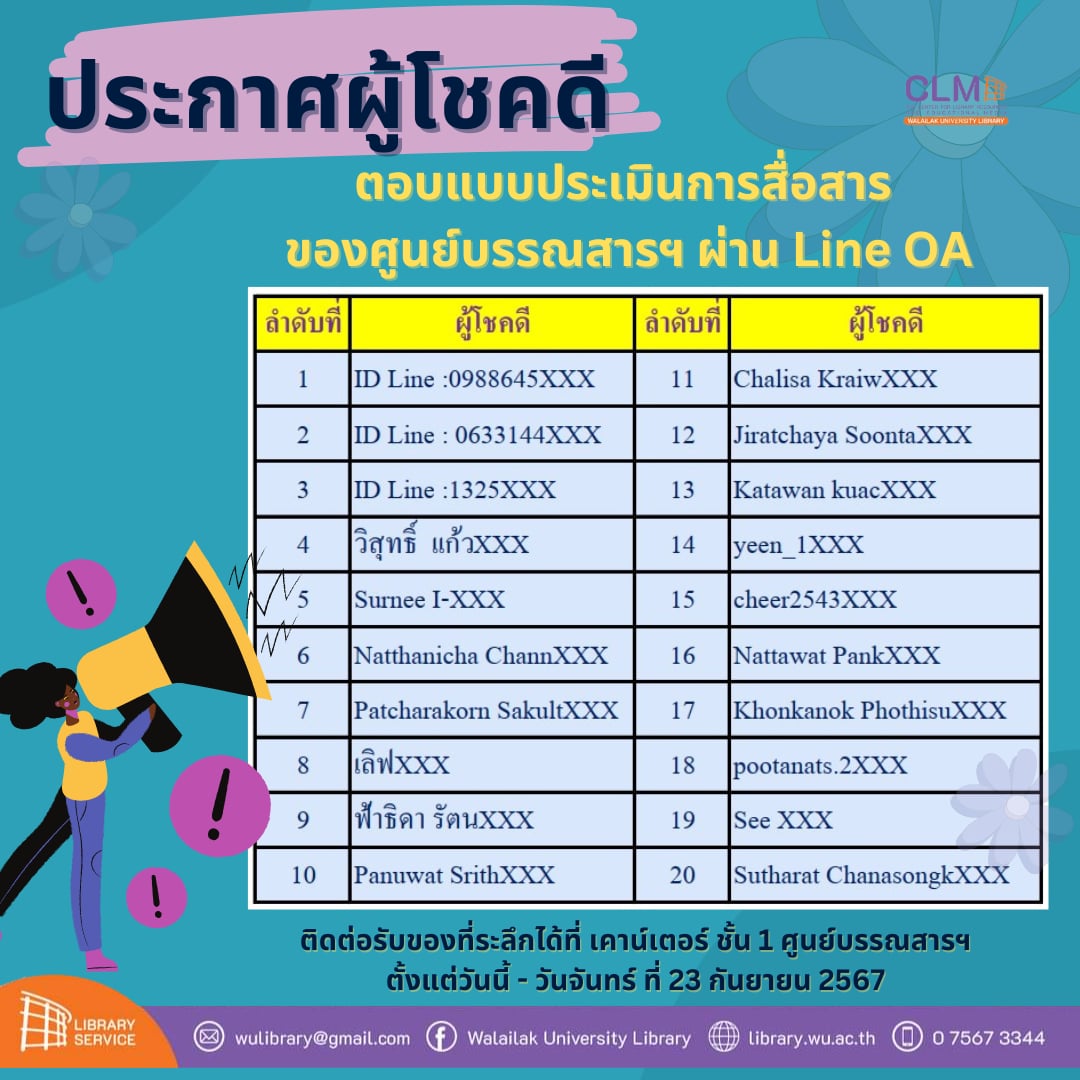 ศูนย์บรรณสารฯ ขอแสดงความยินดีกับผู้โชคดี 20 ท่าน จากกิจกรรม Line OA
